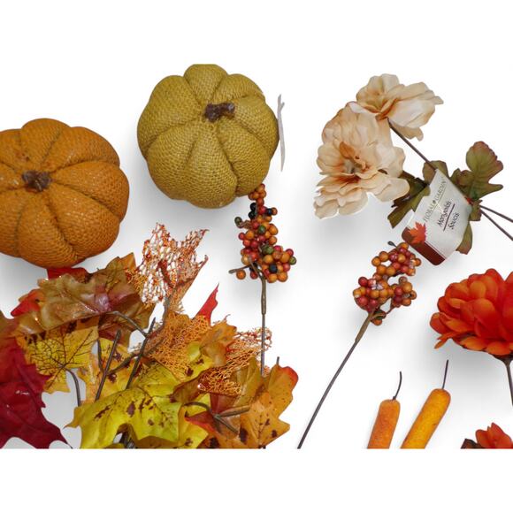 Floral Crafts Burlap Pumpkins Silk Flowers Leaves Berries Autumn Fall Colors - Picture 2 of 4
